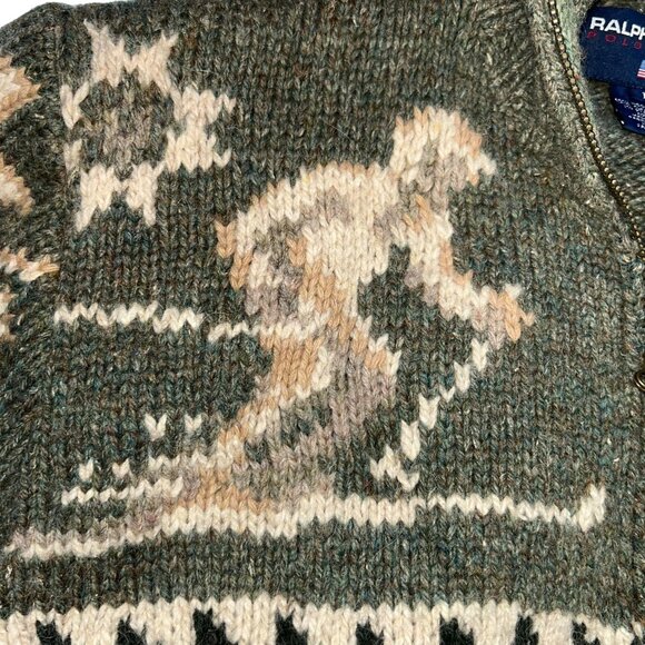 Polo Ralph Lauren green cream SKI intarsia knit zip up navajo sweater M - Picture 3 of 6
